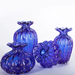 Officine di Murano 1295 1950 Set di 2 vasi blu con bolle d'oro><noscript><img width=