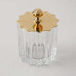 Greggio Box alta in cristallo con coperchio in stile Art Deco placcato oro> Portagioie