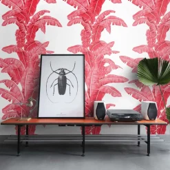 Wallpapers4Beginners Carta da parati a foglie di palma tropicale in rosso e bianco><noscript><img width=