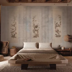 Officinarkitettura Carta da parati Chinoiserie beige e azzurro chiaro con elementi architettonici><noscript><img width=