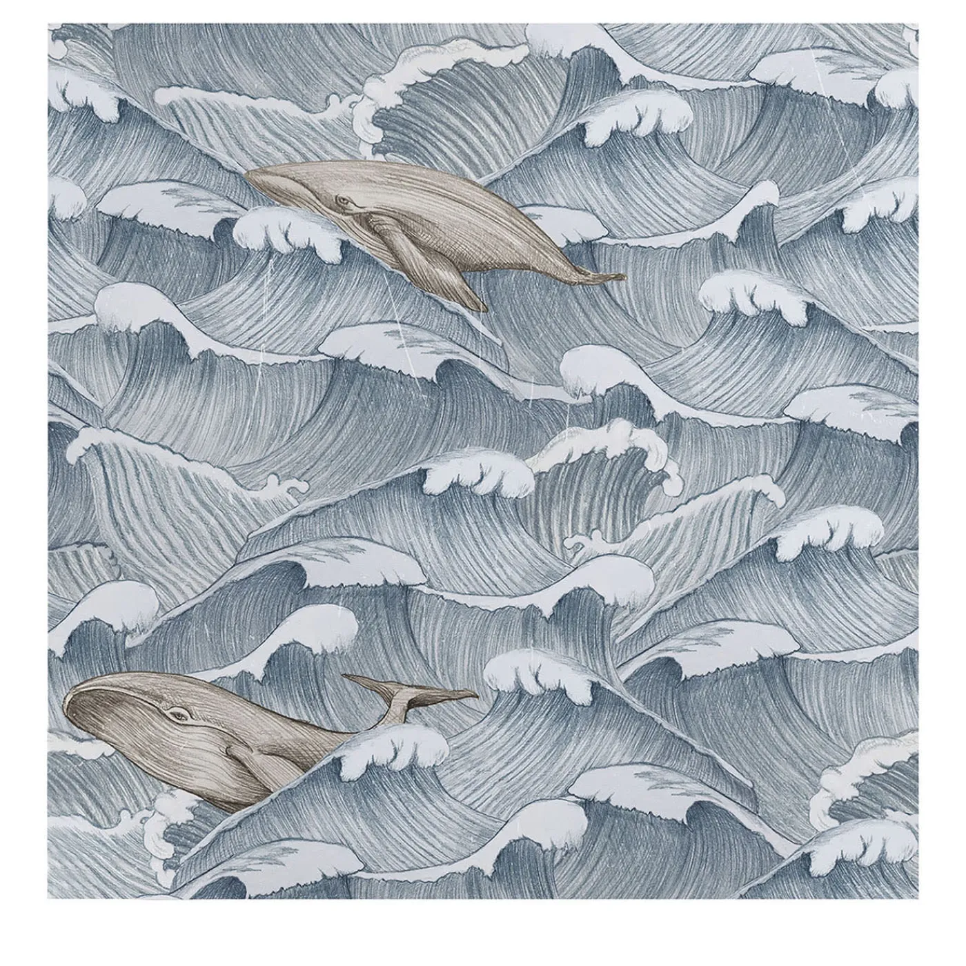 Wallpapers4Beginners Carta da Parati Vintage Blu e Bianca con Balene e Onde> Carte Da Parati