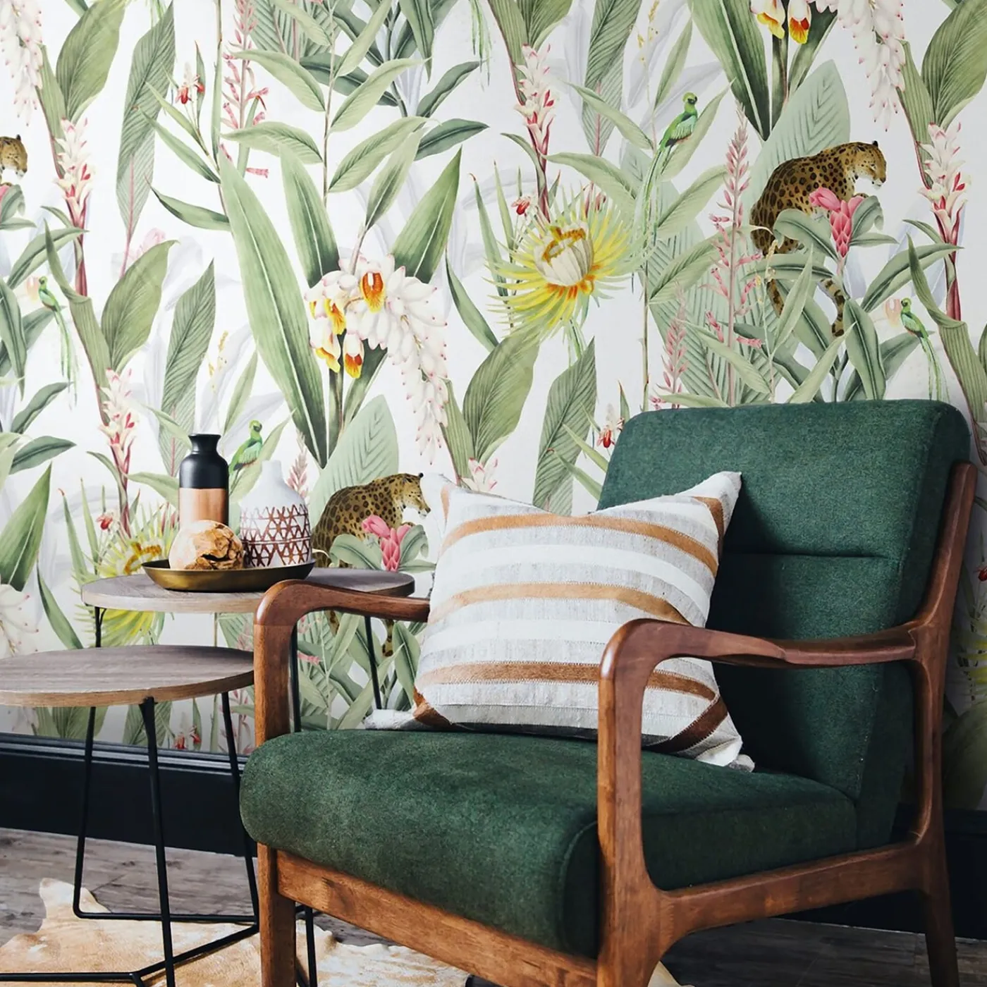 Wallpapers4Beginners Carta da parati vintage Foresta tropicale con giaguari e pappagalli> Carte Da Parati