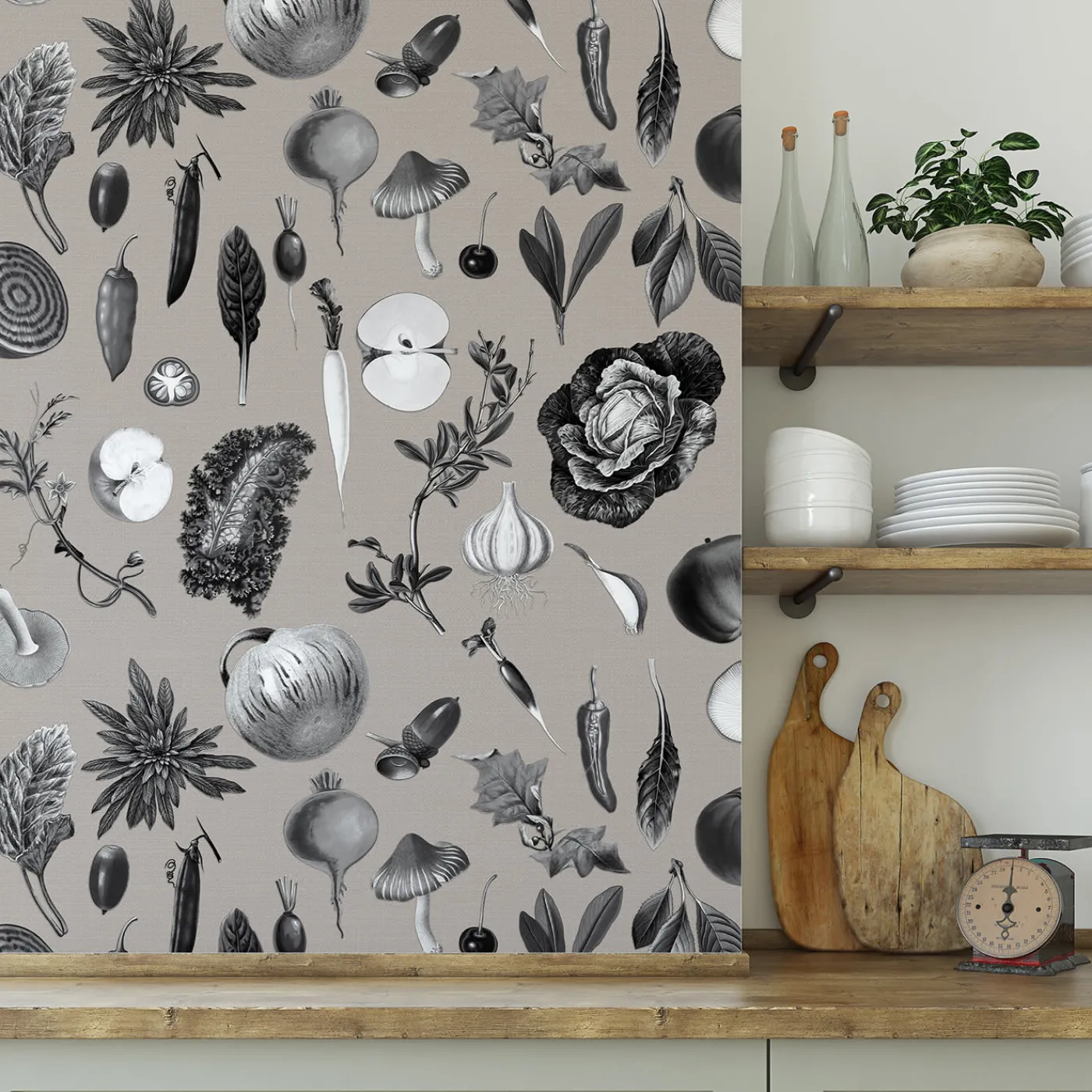 Wallpapers4Beginners Carta da Parati Vintage Grigia con Verdure per Cucina> Carte Da Parati