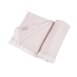 San Patrignano Coperta per neonati in 100% cashmere color crema e rosa tenue con frange corte> Coperte