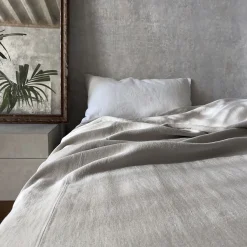 Once Milano Copriletto in Lino Pesante Sabbia con Cuciture><noscript><img width=