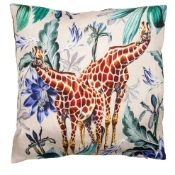 Grand Tour by Vito Nesta Cuscino in lino Animalia con giraffe e fiori blu> Cuscini
