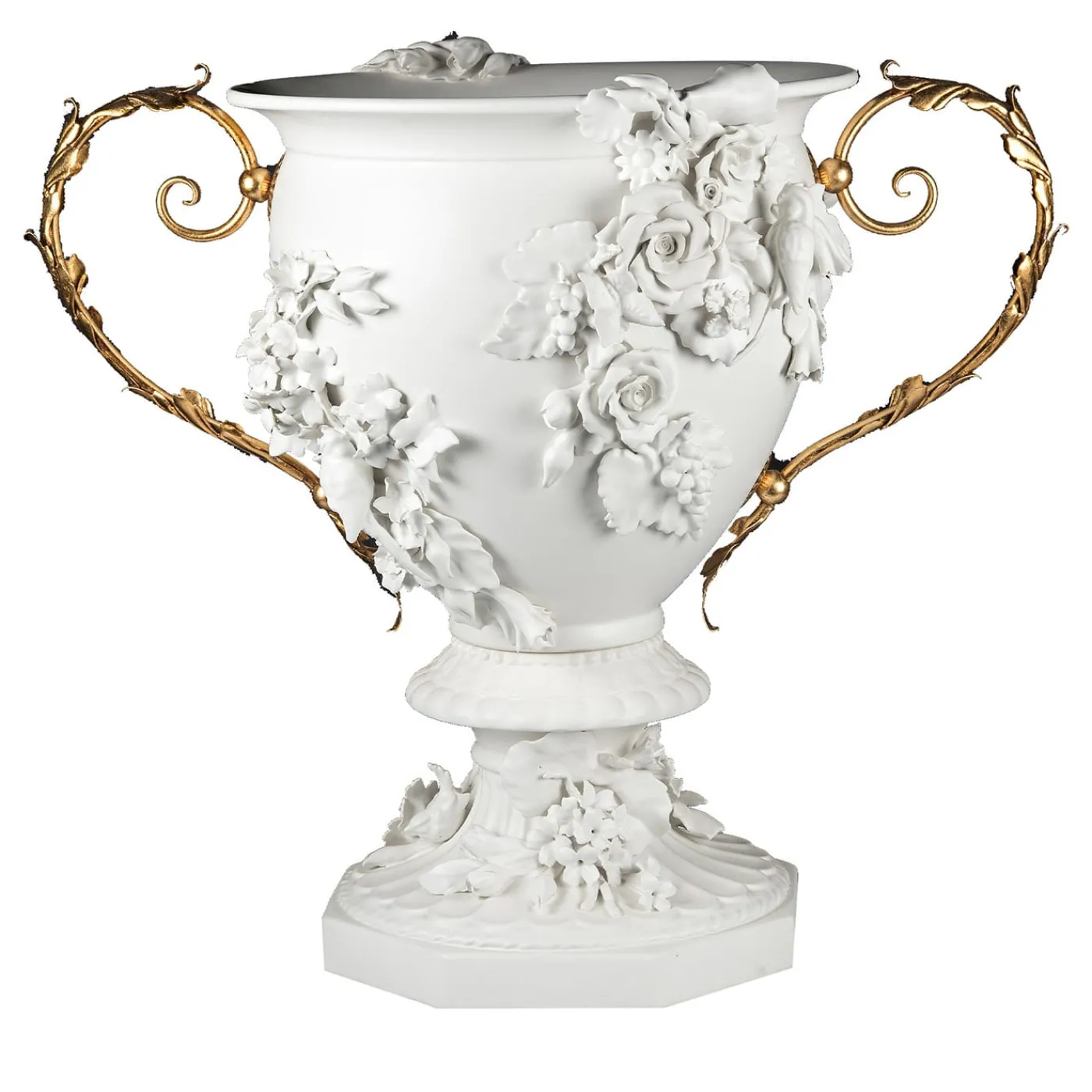 I Borbone Capodimonte Fiori Floral Vaso a calice bianco e oro di Antonio Fullin> Anfore