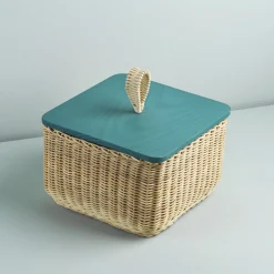 Mila Maurizi Scatola Quadrata Coralia in Midollo con Coperchio in Legno Blu Pavone> Ceste