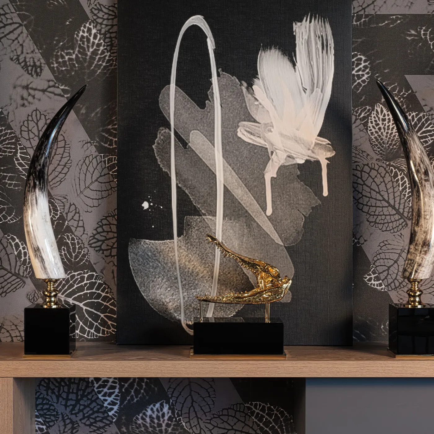 Petri Firenze Scultura di corno verticale con base in ottone dorato 24K> Sculture Decorative