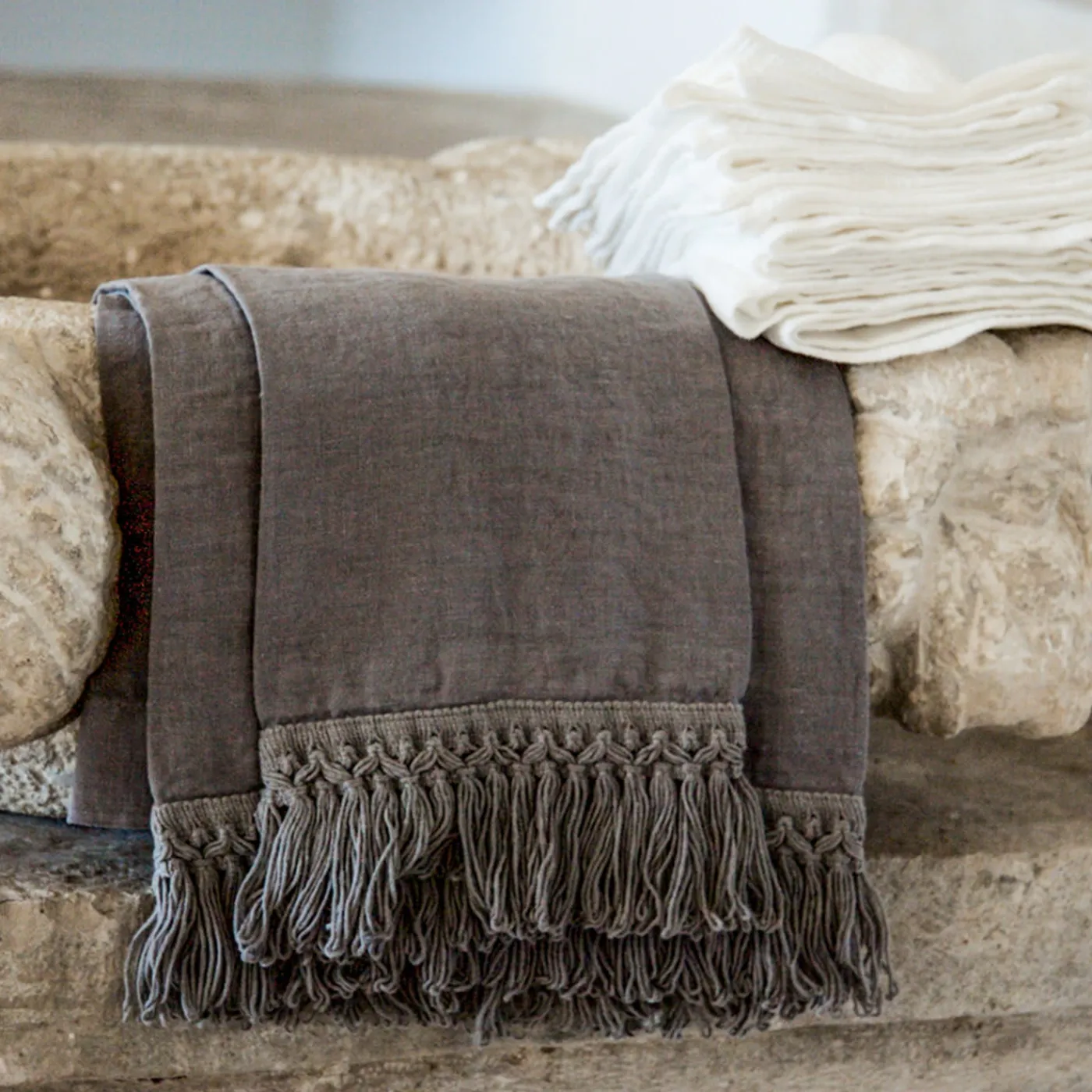 Once Milano Set di 2 asciugamani in lino blu chiaro con lunghe frange> Biancheria Da Bagno