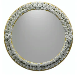 Caiafa Specchio rotondo dorato con rose in porcellana di Capodimonte> Specchi Da Parete