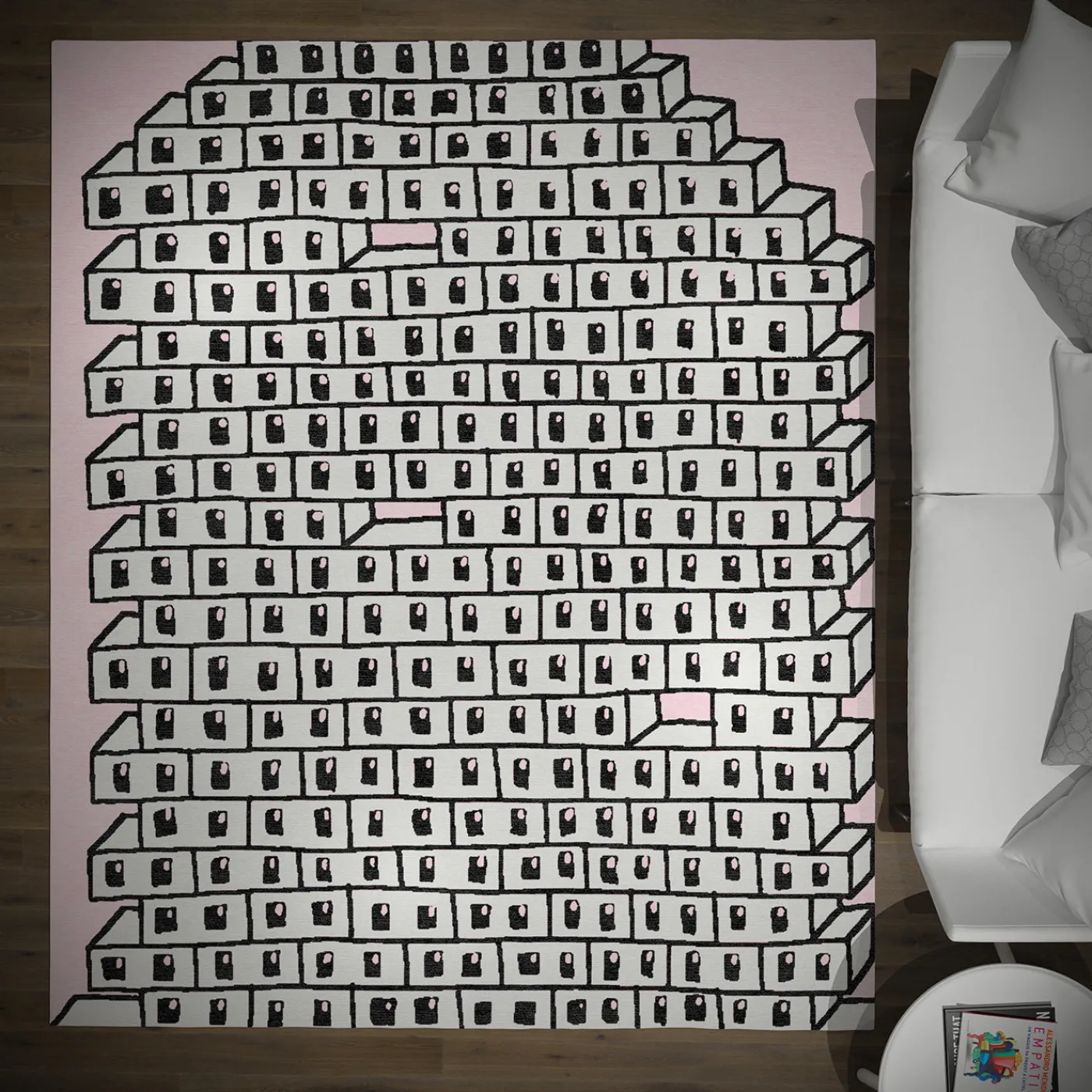 Sergio Mannino Studio Tappeto in lana fatto a mano rosa e grigio con motivo a muro di mattoni cavi> Tappeti E Moquette