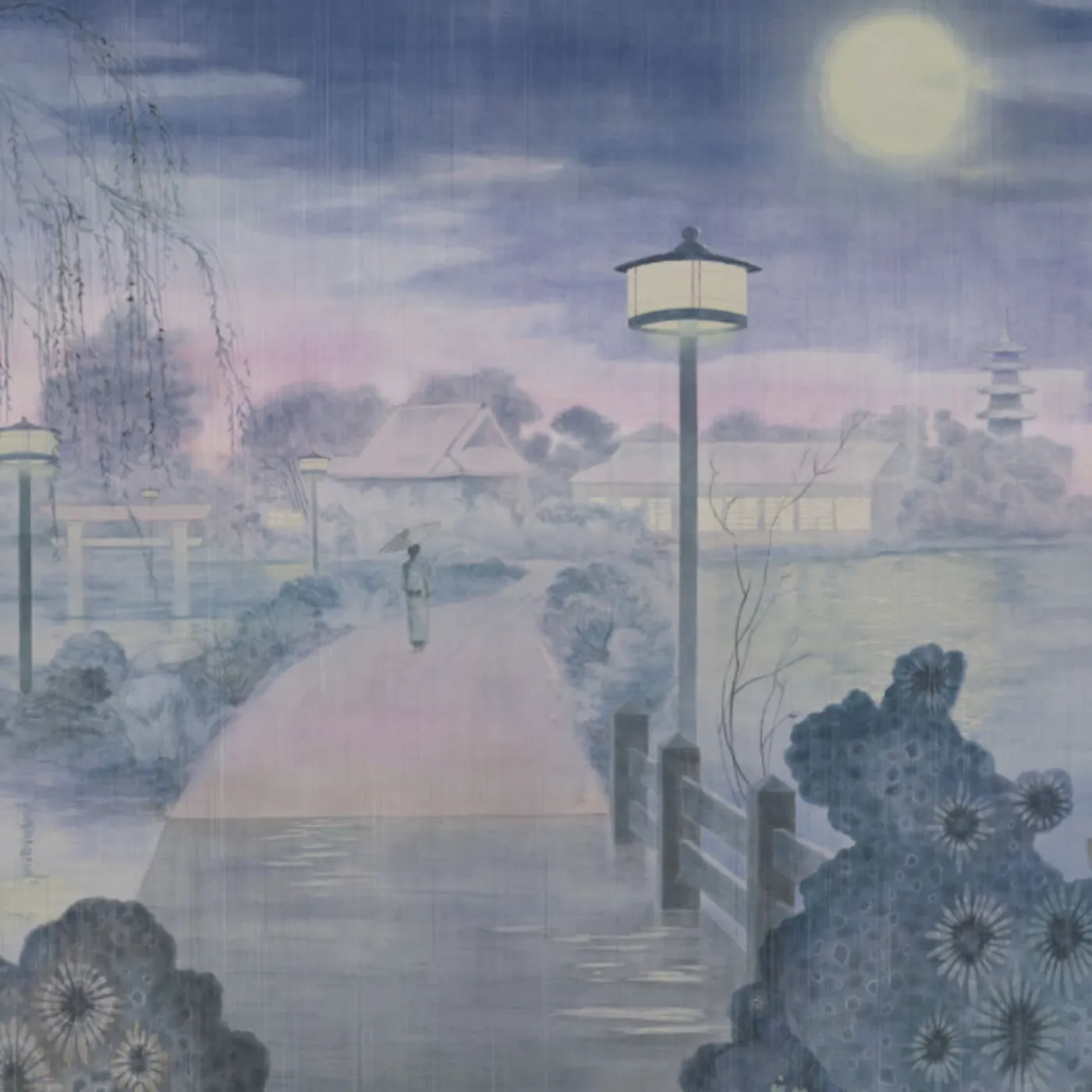 KOHRO Tessuto da rivestimento in cotone Nihon Moon rosa e blu> Carte Da Parati