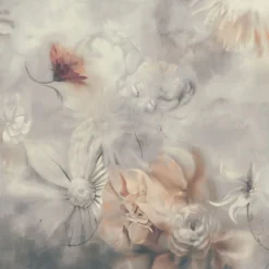 KOHRO Tessuto da rivestimento in cotone rosso e grigio blu Fleuraissance> Carte Da Parati