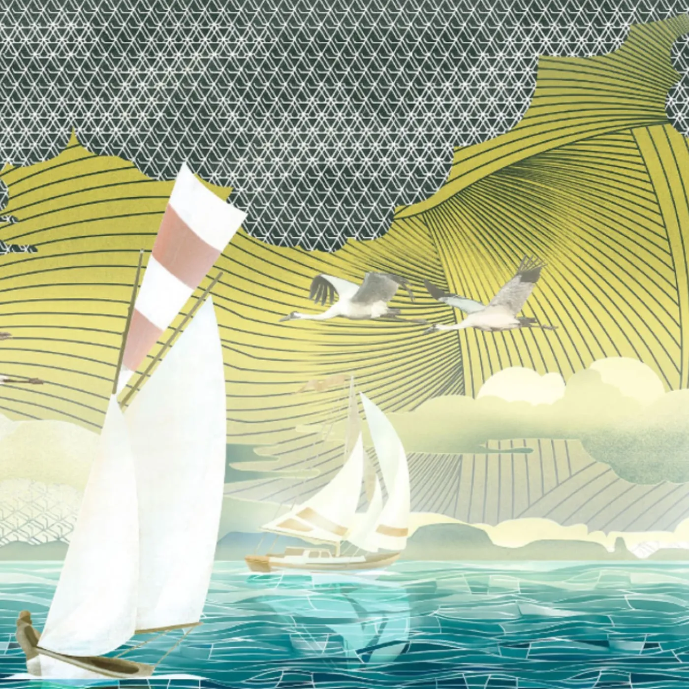 KOHRO Tessuto murale in poliestere giallo e blu mare> Carte Da Parati