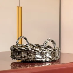 Caspal Vassoio decorativo rotondo in metallo placcato intrecciato><noscript><img width=